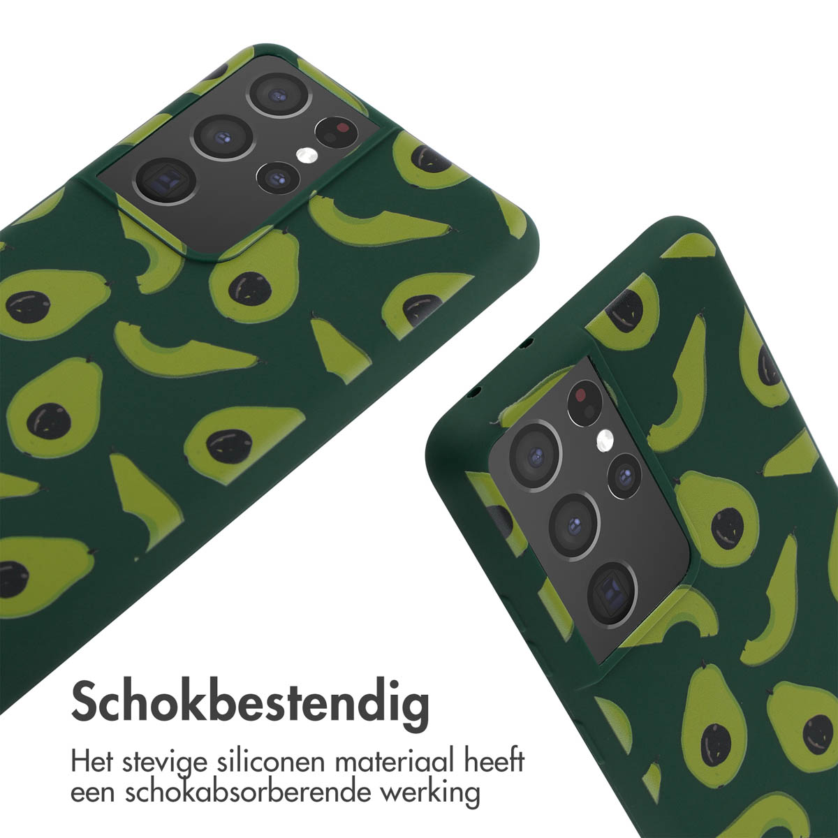 Donkergroene telefoonhoes met avocadopatroon, met camera-uitsparing.
