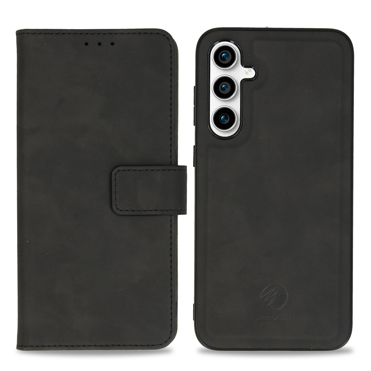 Zwarte telefoonhoes met drievoudige camera en portemonnee-ontwerp.