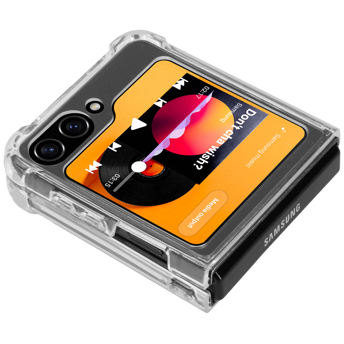 Photos de produits d'étui de téléphone. Le téléphone est ouvert. L'écran affiche l'application de musique.