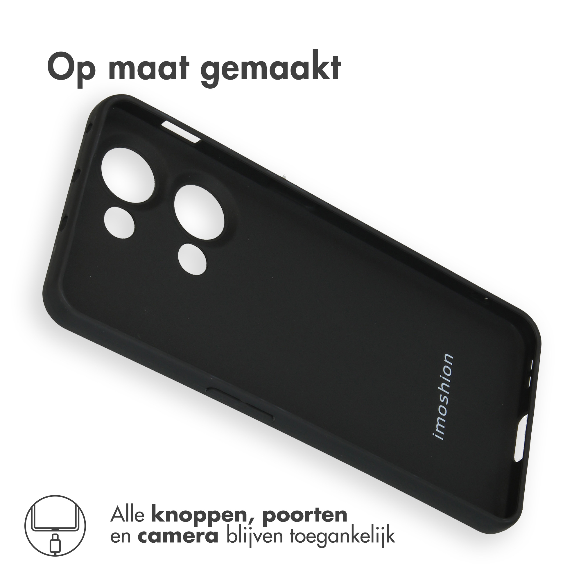 Custodia nera per telefono con ritagli per fotocamera e porte. Logo 'imoshion'.