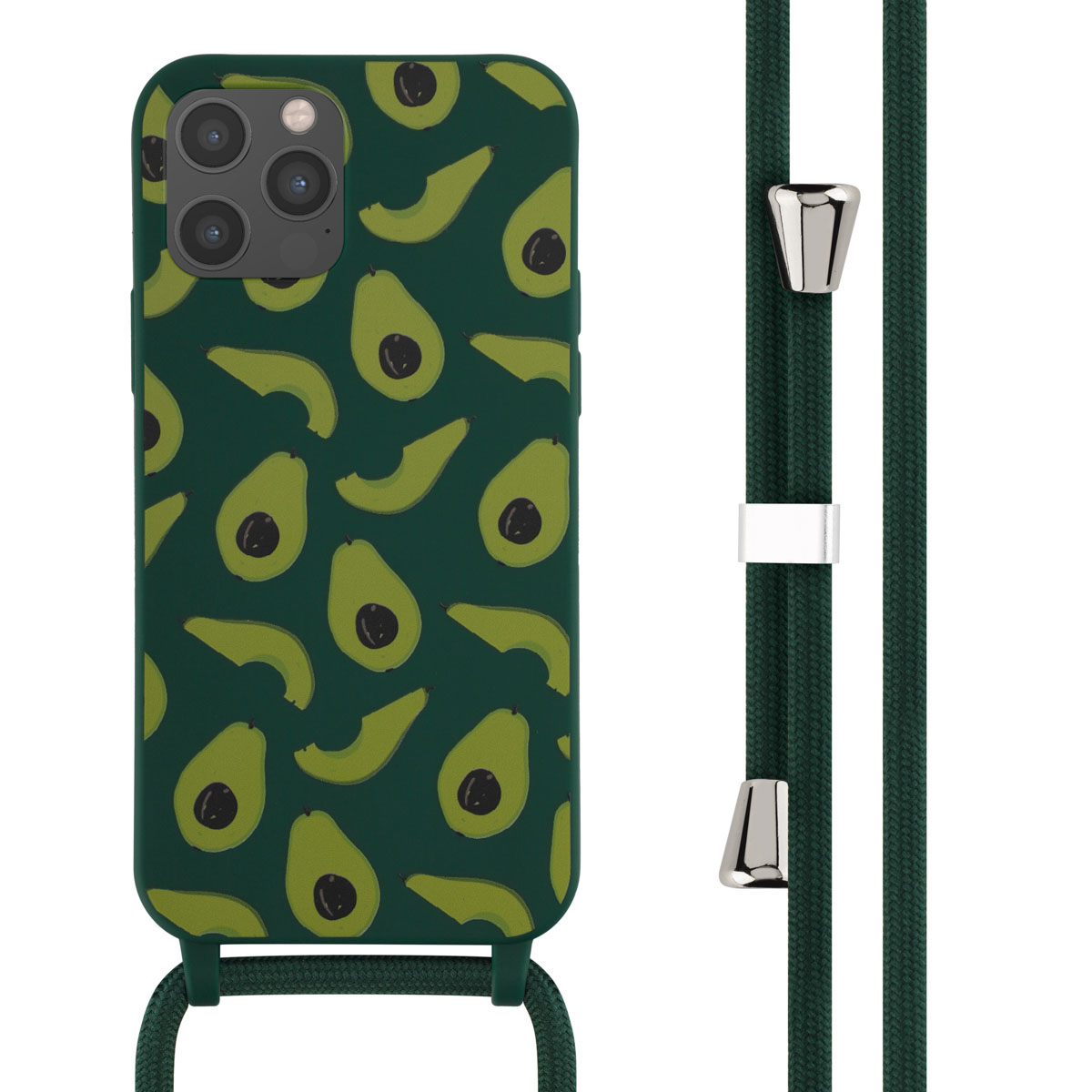 Eine Handyhülle mit Avocadomustern und einem dunkelgrünen Riemen. Weißer Hintergrund.