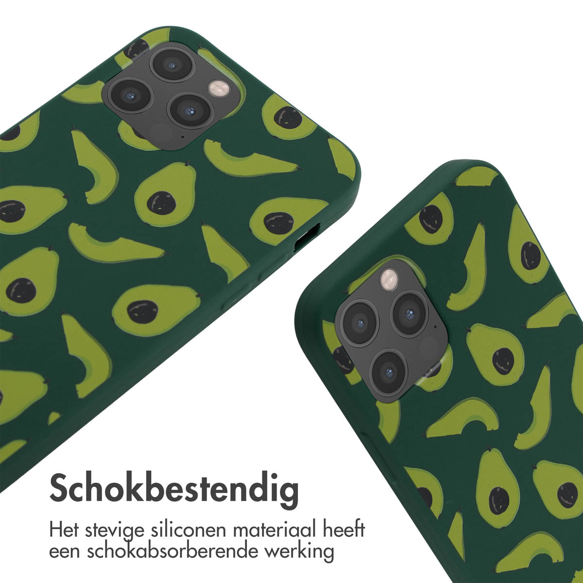Dunkelgrüne Handyhülle mit Avocados, Kamera und Text.