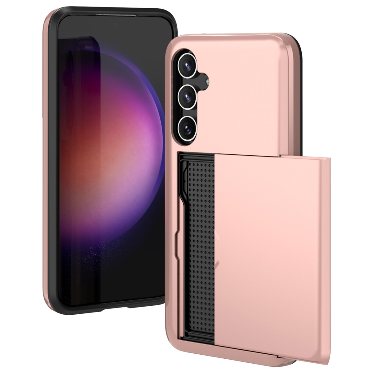 Coque de téléphone rose avec fente pour carte, ouverte, révélant l'intérieur noir. Téléphone à écran noir à gauche.