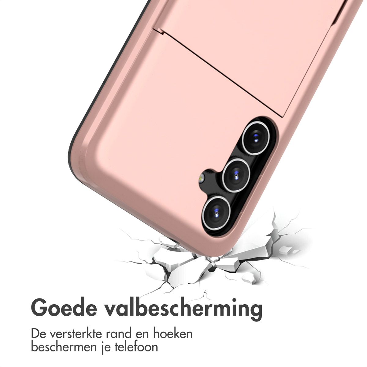 Coque de téléphone rose avec une fente pour carte. La coque est sur une surface avec des fissures.