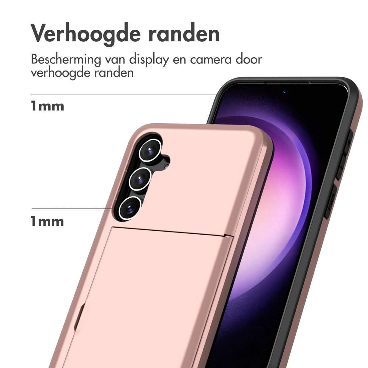 Coque de téléphone or rose avec téléphone, montrant des bords surélevés.