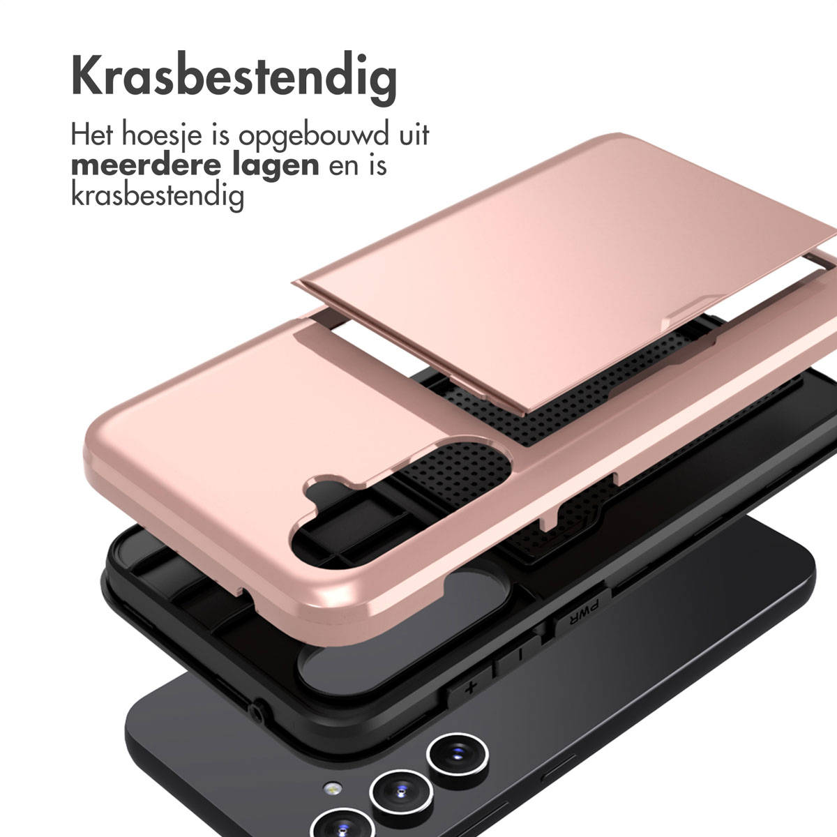 Coque de téléphone avec des couches, la coque est démontée. Rose, noir et un téléphone sont visibles.
