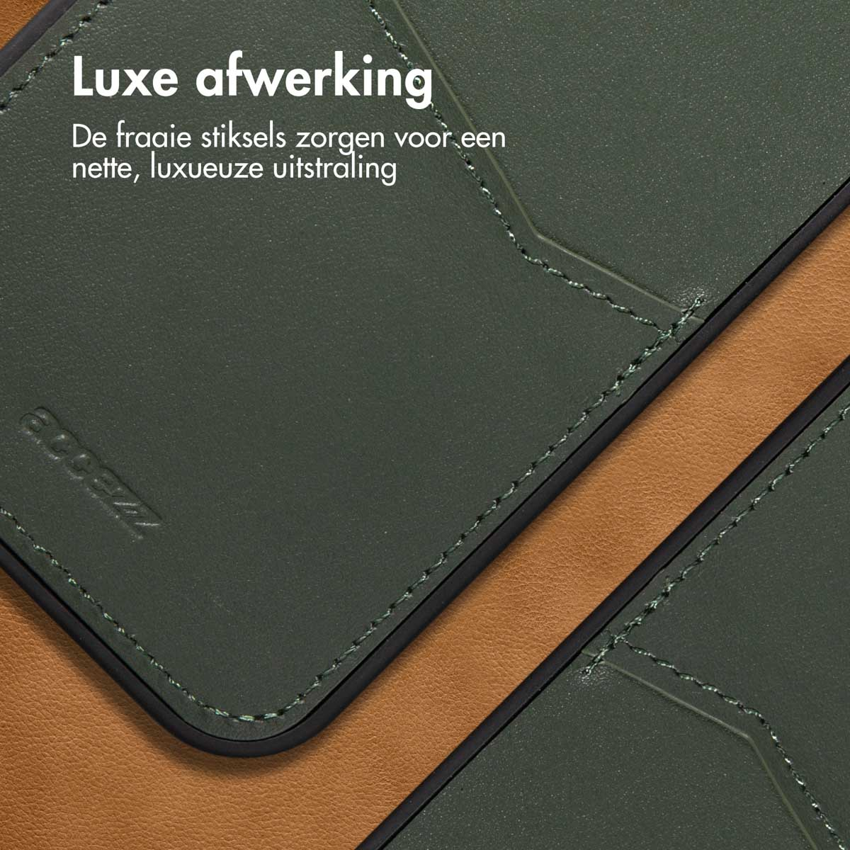 Gros plan d'une coque verte avec des coutures. Texture simili cuir et une poche.