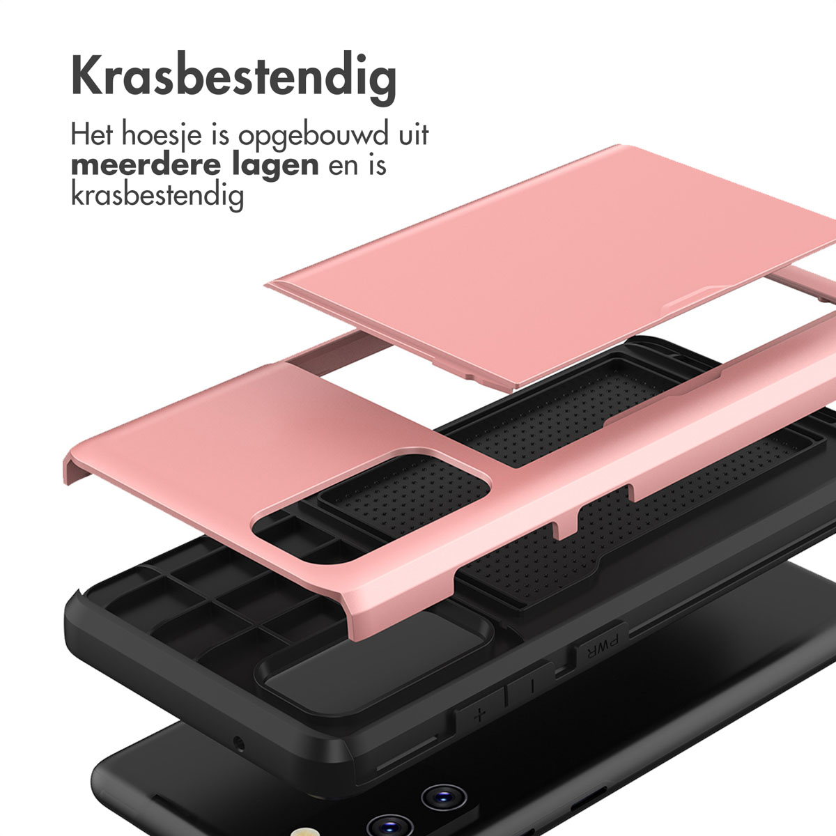 Exploded view van een roségouden telefoonhoesje met meerdere lagen die de beschermende structuur tonen.