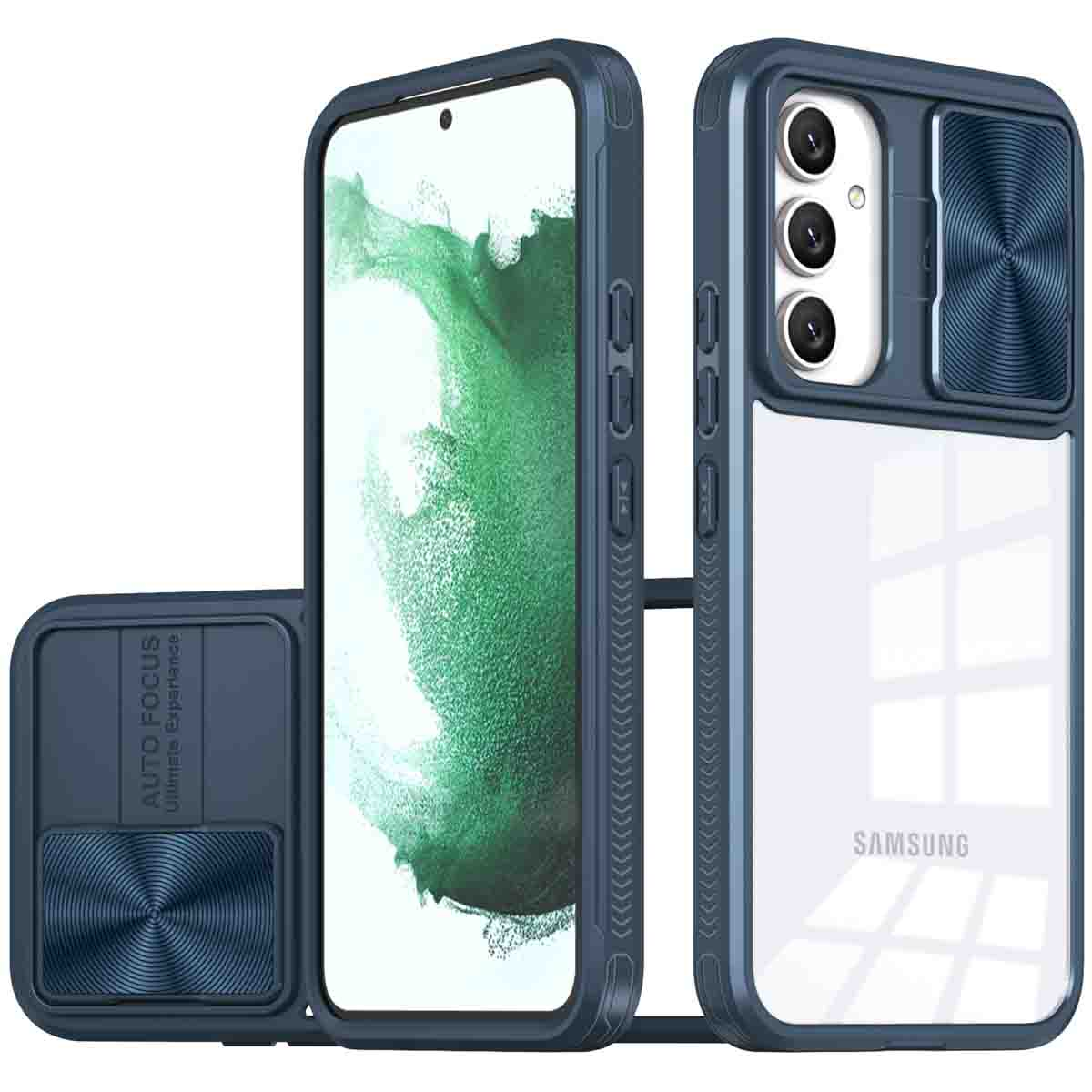 Coque de téléphone bleue avec un cache caméra sur fond blanc. Plusieurs vues de la coque.