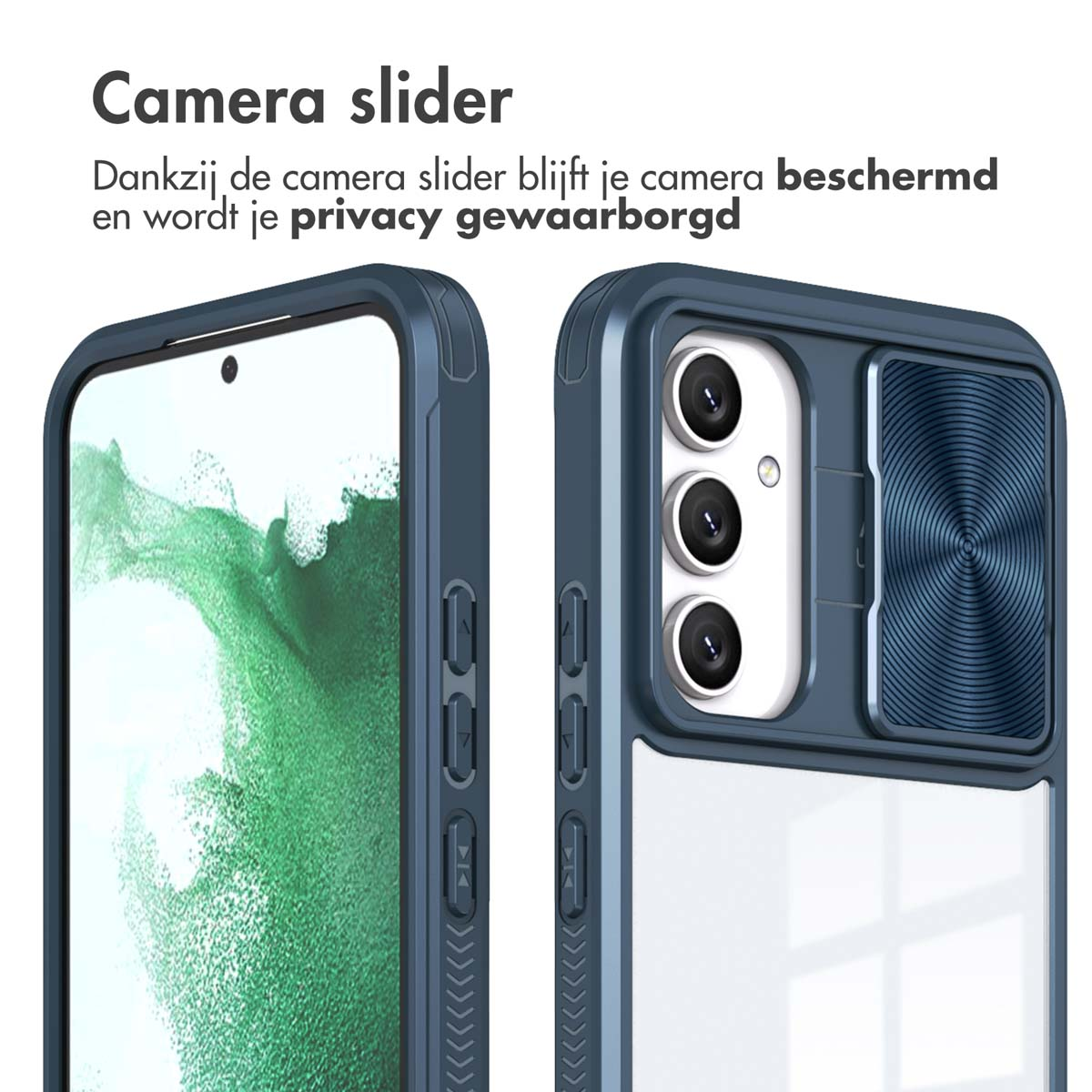 Coque de téléphone avec curseur de caméra. Le téléphone affiche l'écran. Le curseur est à l'arrière.