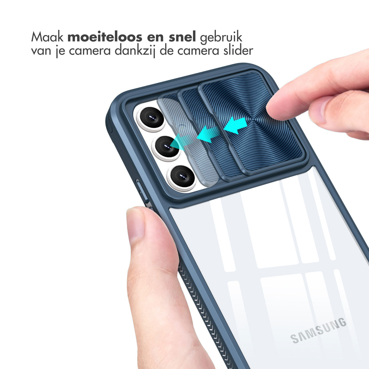 Main coulissant le cache caméra d'une coque bleue. Le téléphone a 3 caméras. Texte: Utilisation facile.