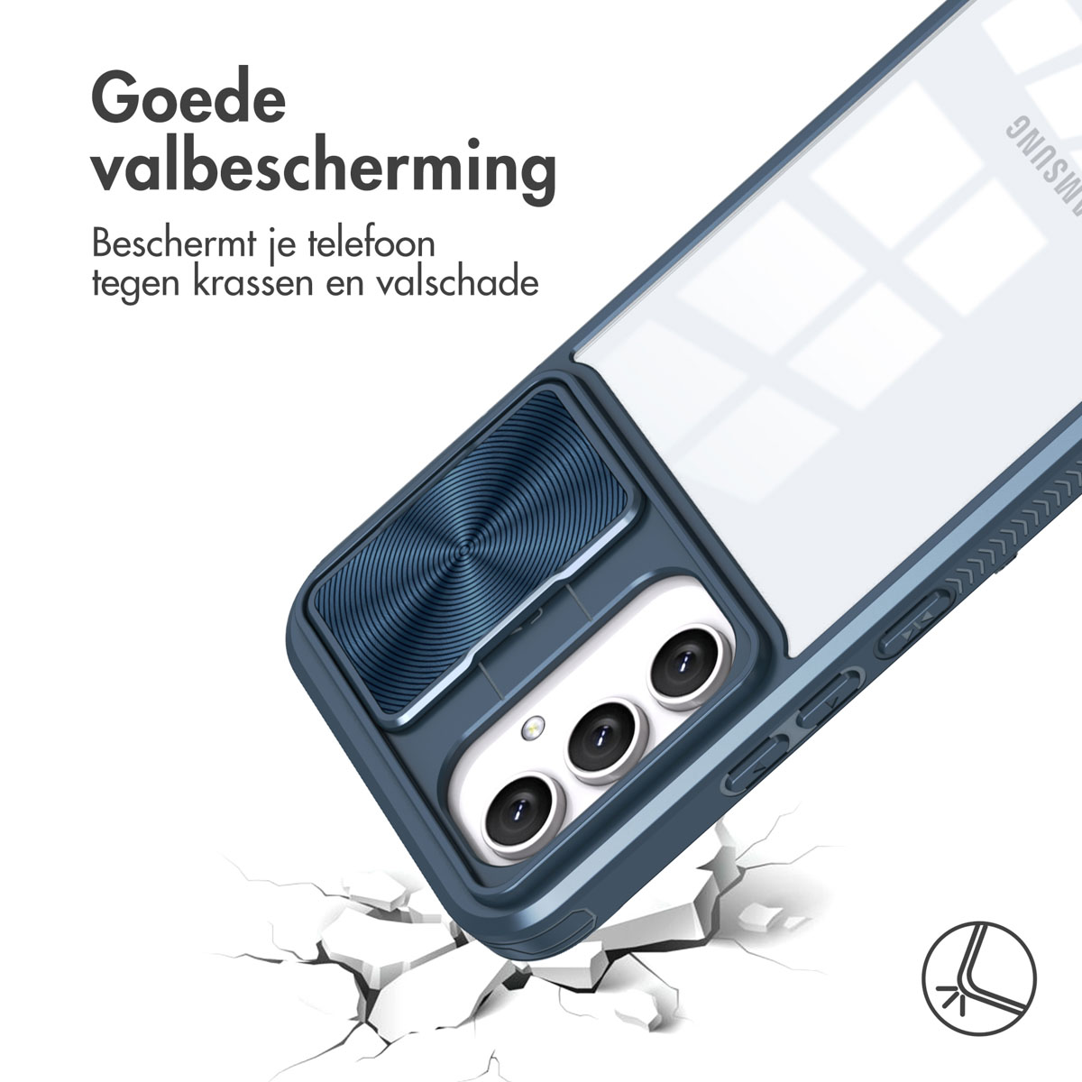 Une coque de téléphone sur une surface blanche, avec un cache caméra bleu.