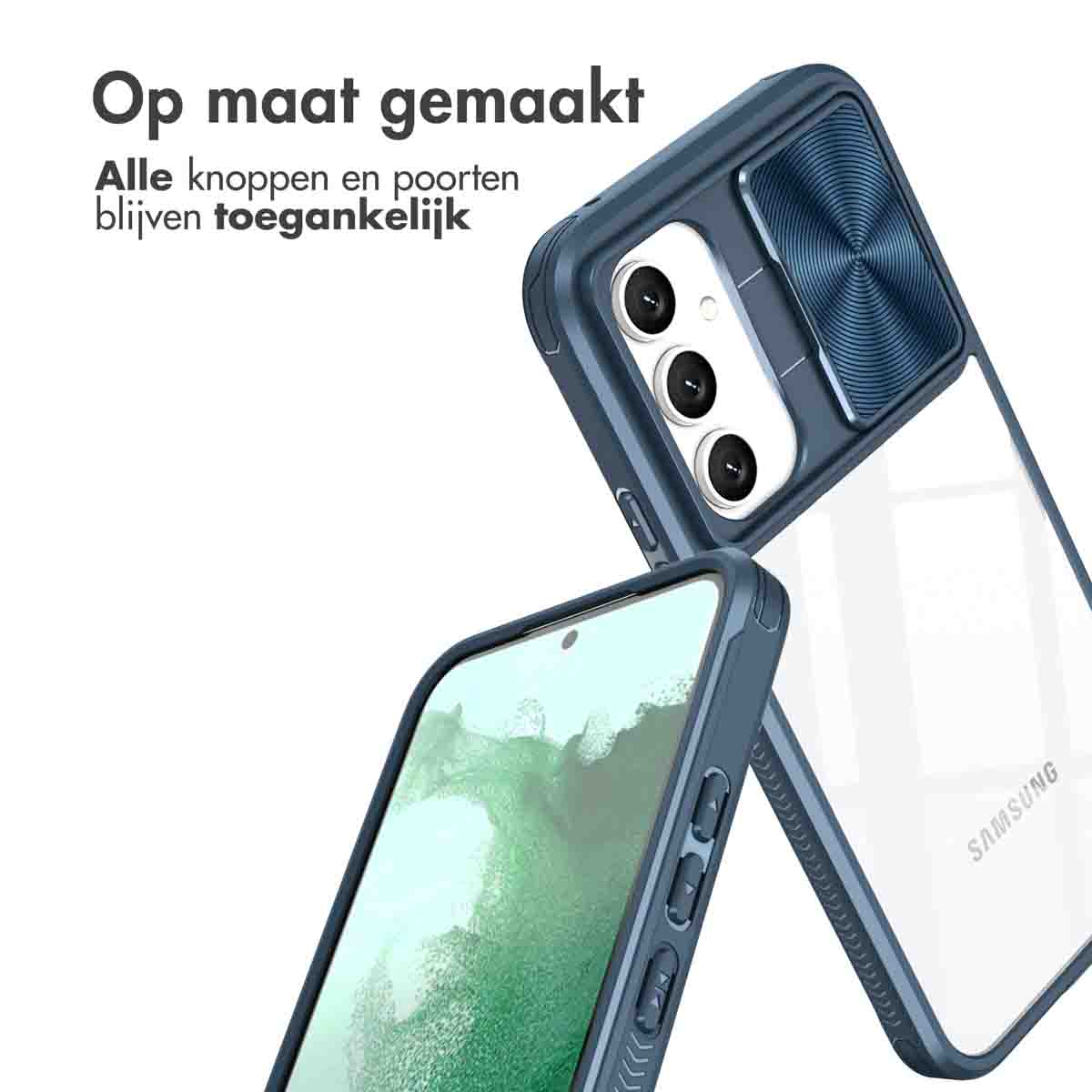 Deux étuis de téléphone. L'un est bleu et transparent, l'autre est noir. Le texte est en néerlandais.