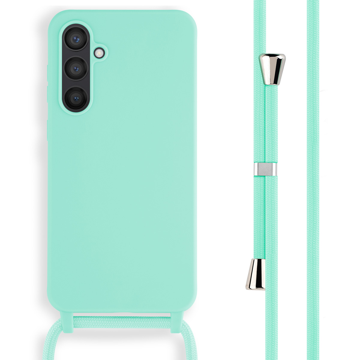 Mintgroen telefoonhoesje met een bandje. De hoes zit naast een mintgroen bandje met zilveren details.
