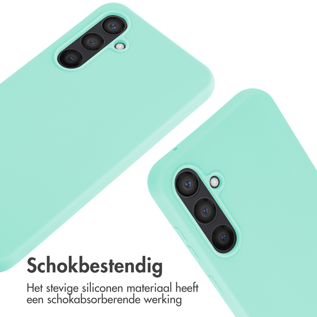 Twee turkooizen telefoonhoesjes met camerasystemen op een witte achtergrond.