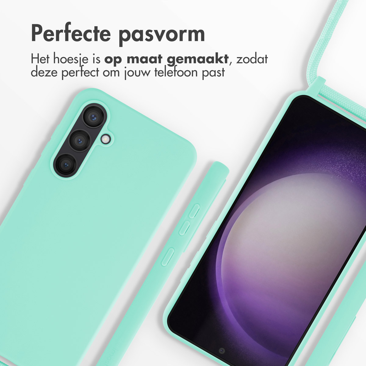 Een mintgroen telefoonhoesje met camera-uitsparing en telefoon met paars scherm.