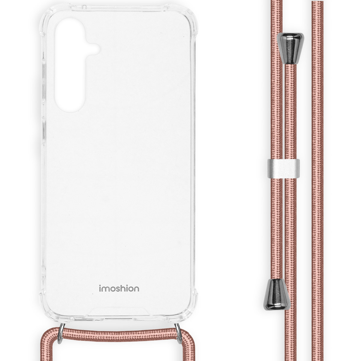 Transparante telefoonhoes met roze koord. De hoes heeft een transparante achterkant en een eenvoudig ontwerp.