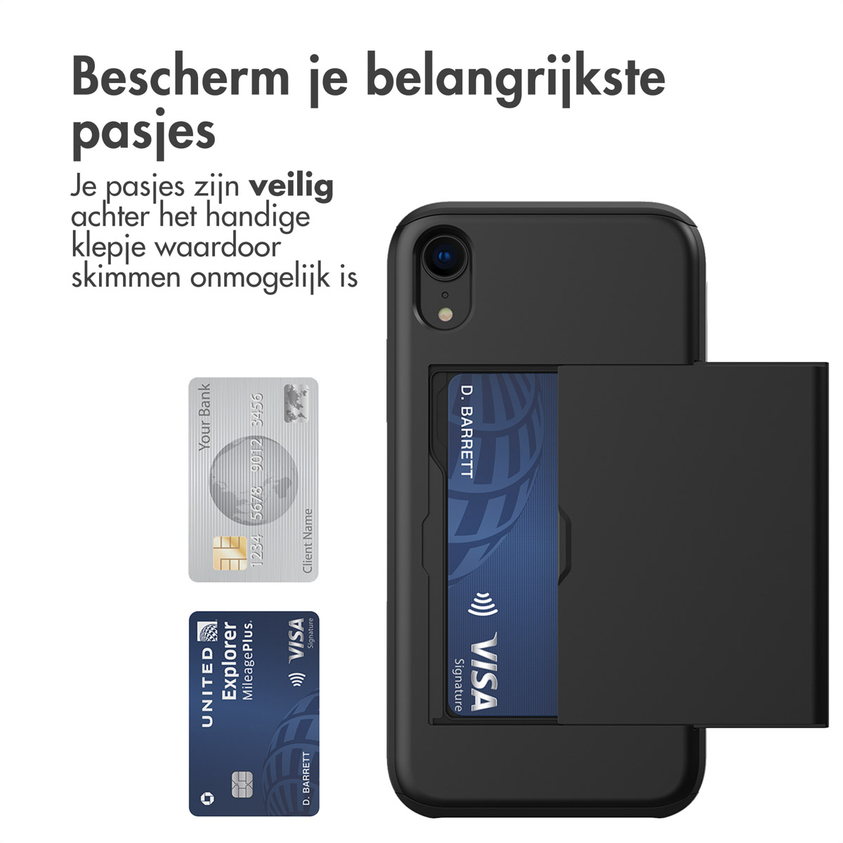 Zwarte telefoonhoes met kaartsleuf, kaarten erin. Tekst: Bescherm je belangrijke passen. Kaarten zichtbaar.