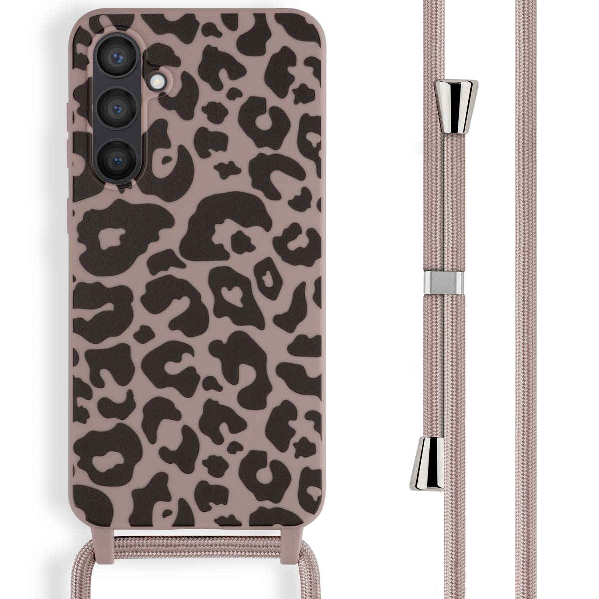 Telefoon met luipaardprint hoes en roze koord. Bruine en zwarte luipaardvlekken op een roze achtergrond.
