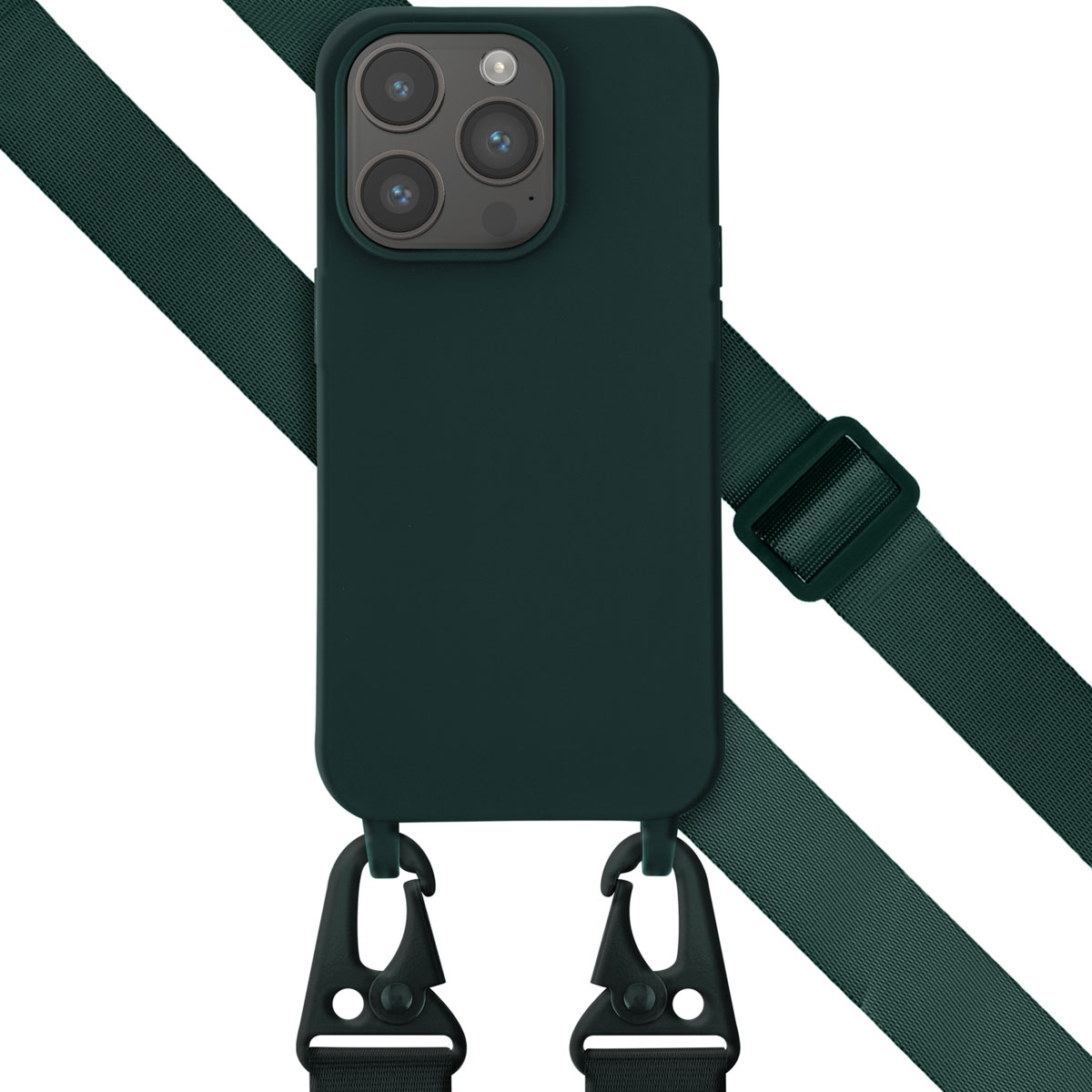 Donkergroene telefoonhoes met een groene band. Zwarte clips. Witte achtergrond.