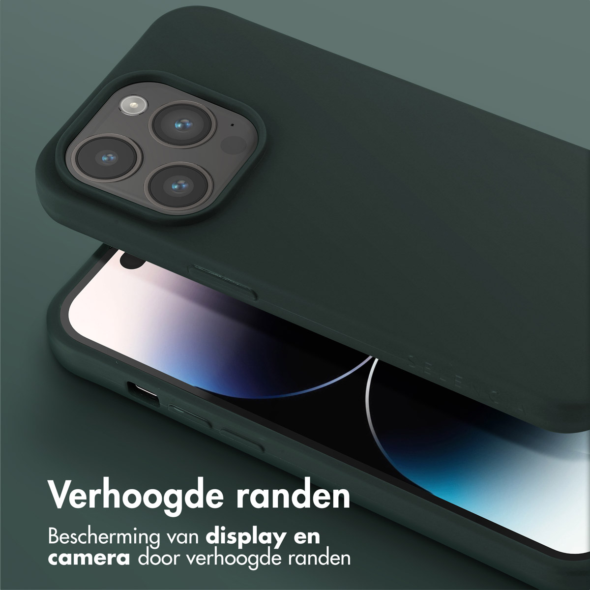Donkergroene telefoonhoes, een donkergroene telefoonhoes met de telefoon erin en het display van de telefoon.