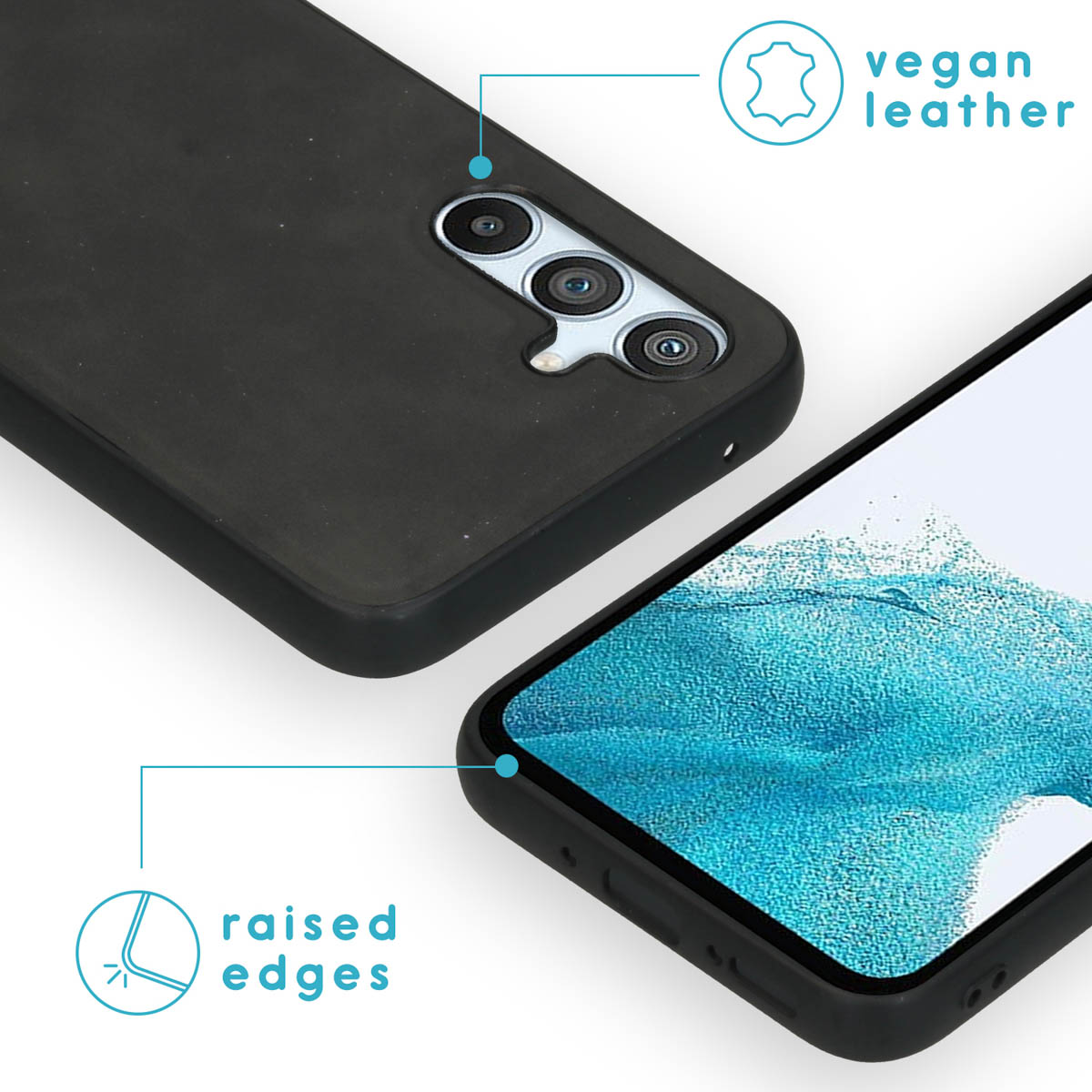 Coque de téléphone noire avec caméras, cuir vegan et bords surélevés.