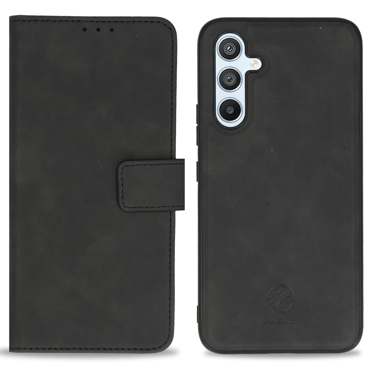 Coque de téléphone noire ouverte à côté d'un étui à rabat noir. Les deux articles sur fond blanc.