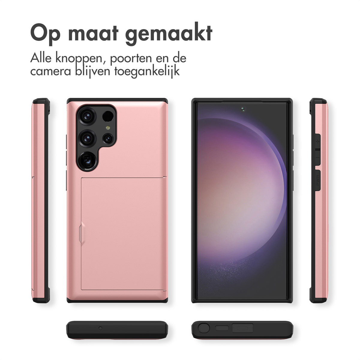 Coque de téléphone rose avec porte-cartes, vues avant et arrière.