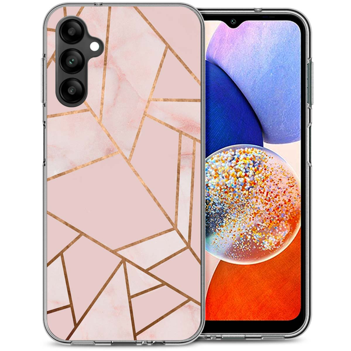 Coque de téléphone rose avec un design en marbre et or. Téléphone noir à l'intérieur. Fond blanc.