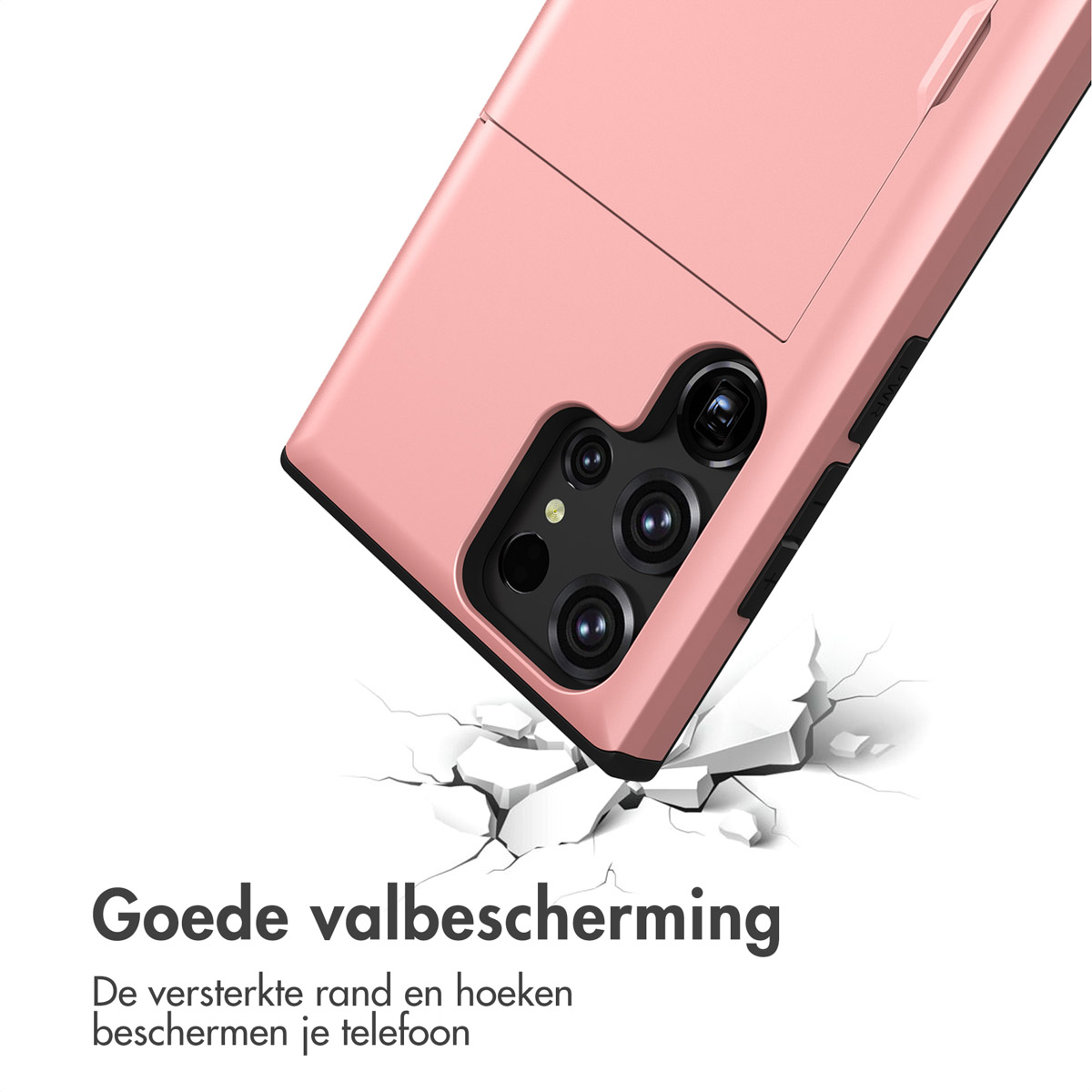 Une coque de téléphone rose avec protection d'appareil photo tombe sur un sol blanc fissuré.