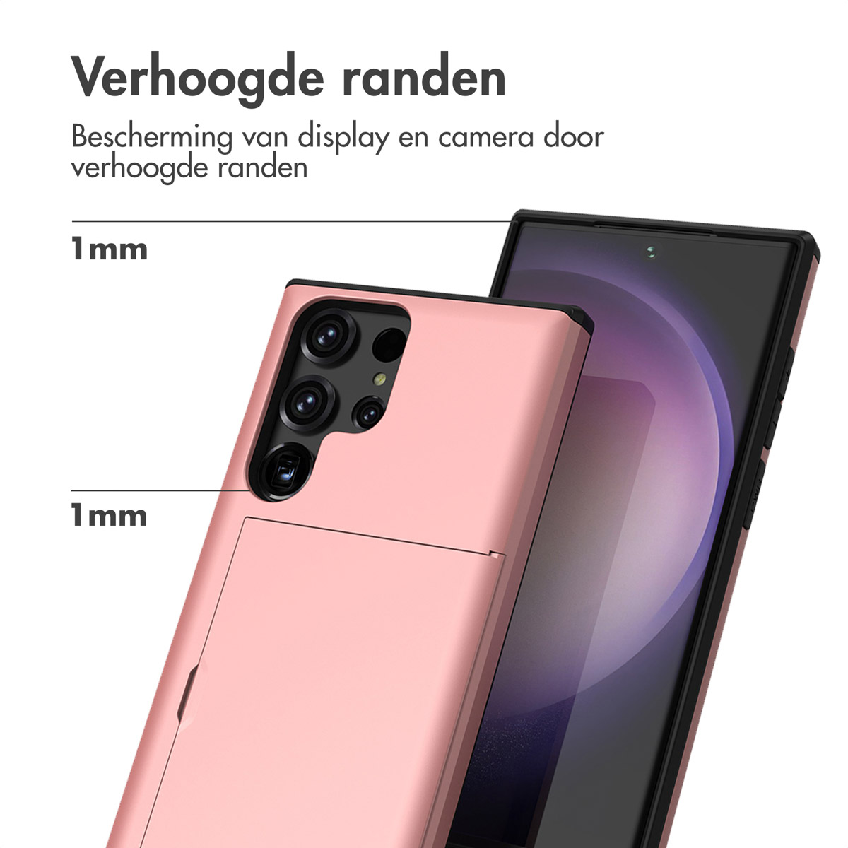 Coque de téléphone rose avec bords surélevés à côté d'un smartphone.