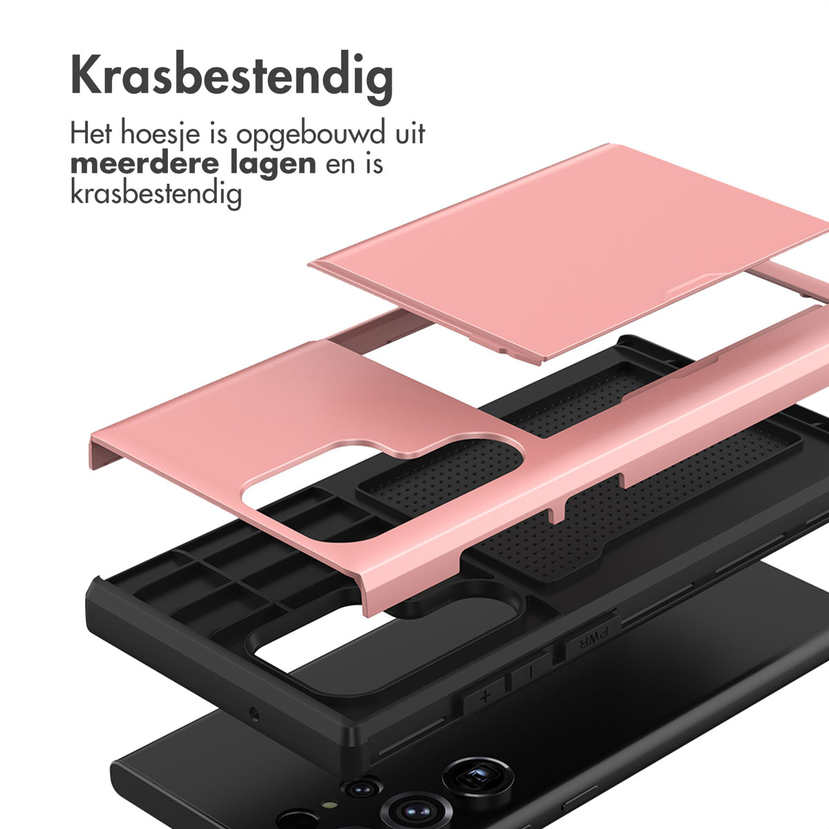 Vue éclatée d'une coque de téléphone rose or montrant plusieurs couches.