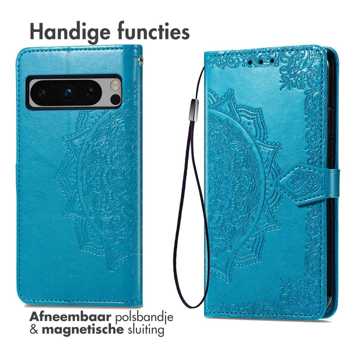 Een blauwe telefoonhoes met een mandala-ontwerp. Hij is open en dicht.