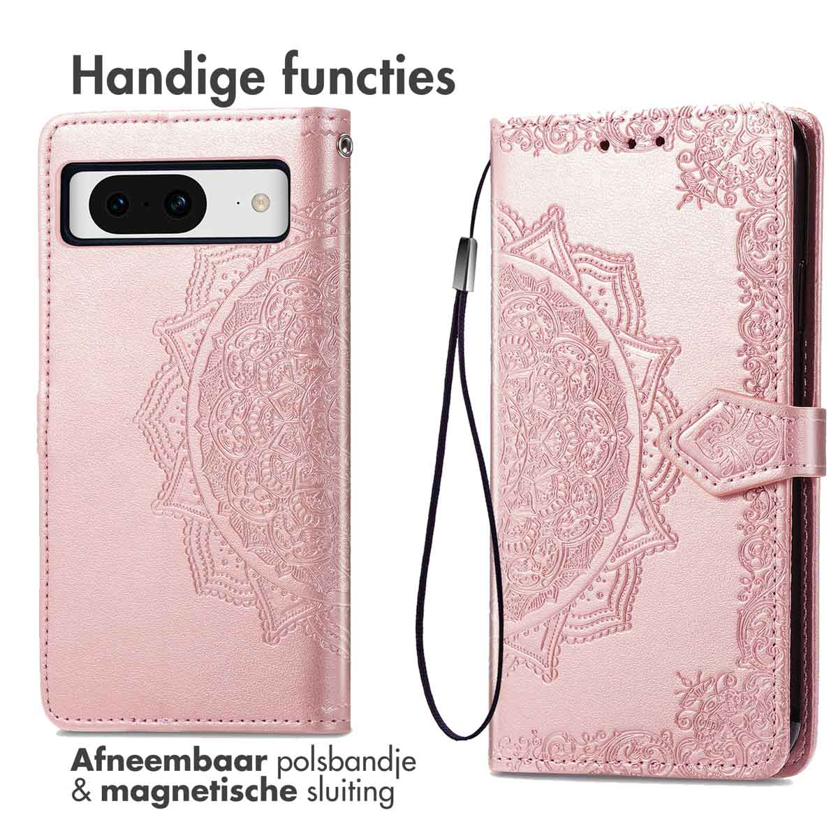 Roze telefoonhoes met reliëf mandala-ontwerp en afneembare riem.