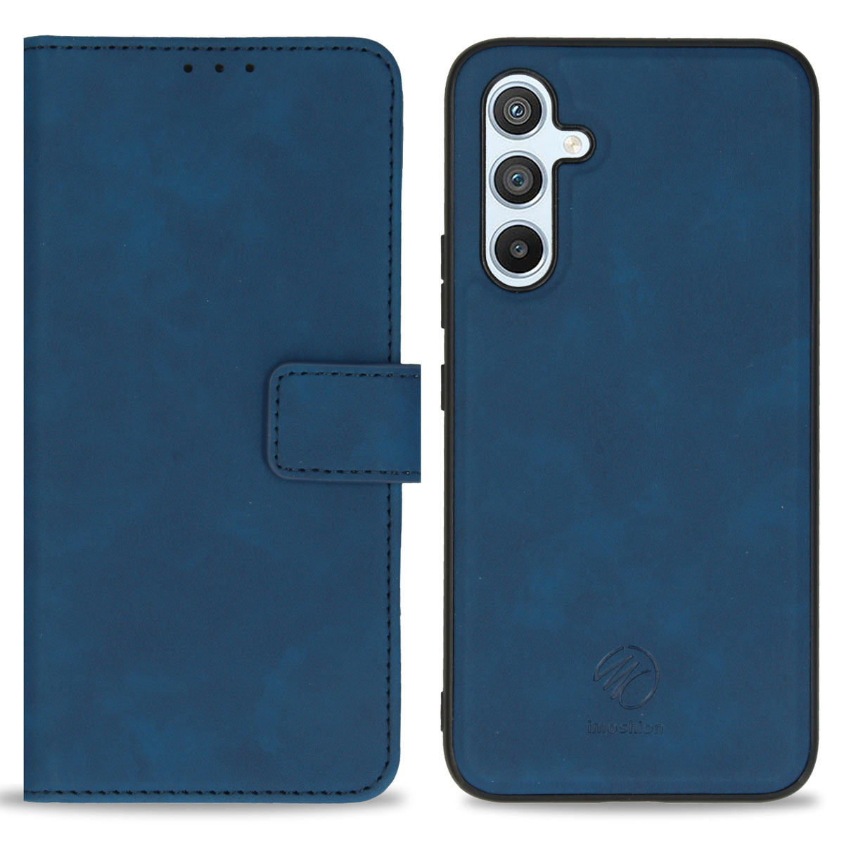 Étui de téléphone bleu style livre et coque arrière avec trois caméras.