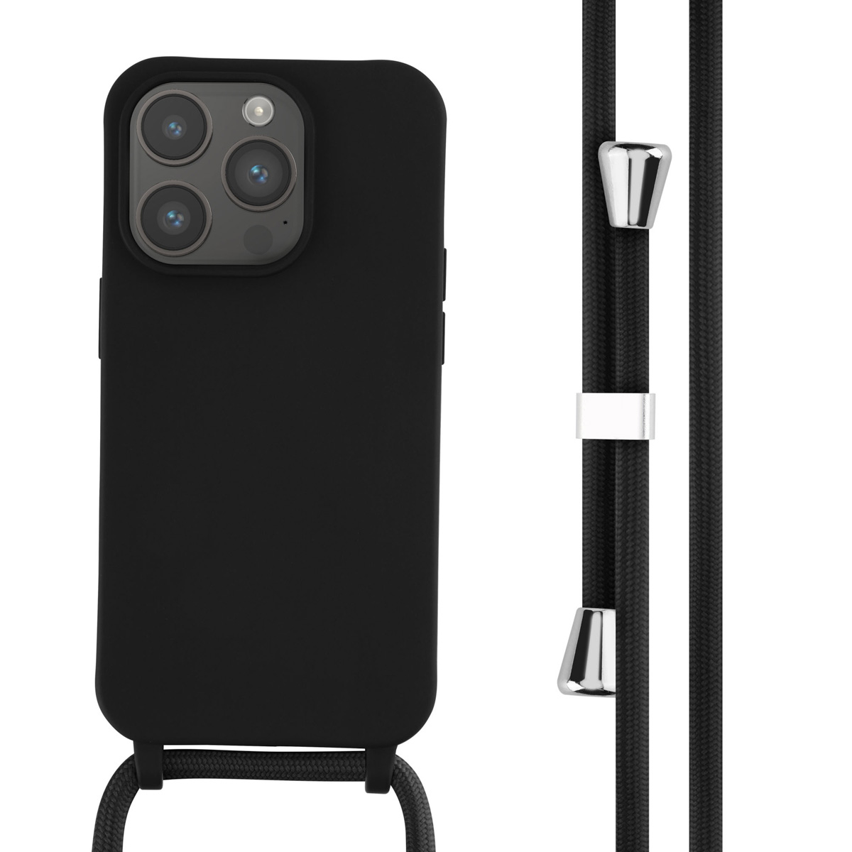 Een zwart telefoonhoesje met een telefoon. Aan de hoes is een touw bevestigd. De telefoon is zwart.