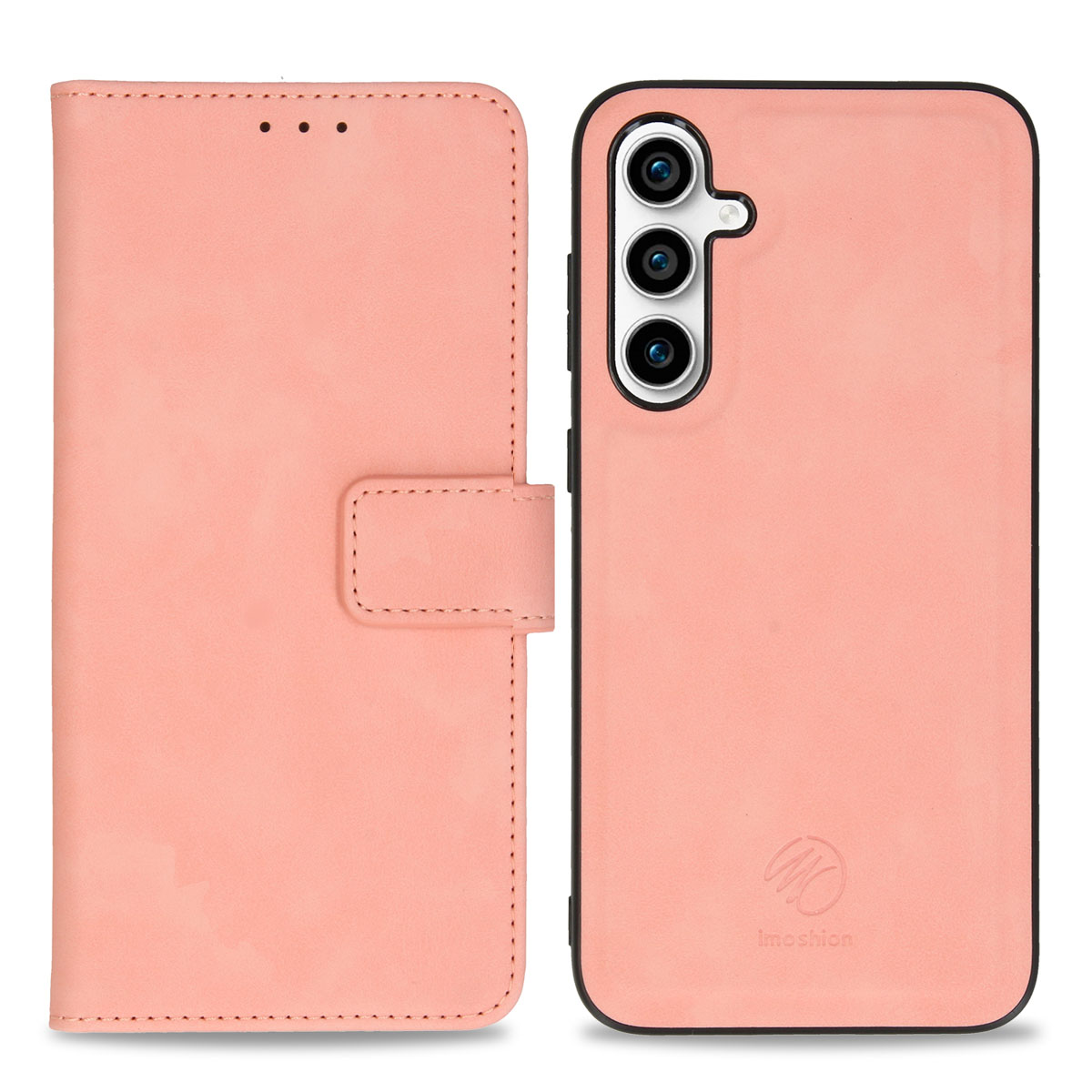 Een perzikkleurige telefoonhoes met klep en drie cameralenzen.