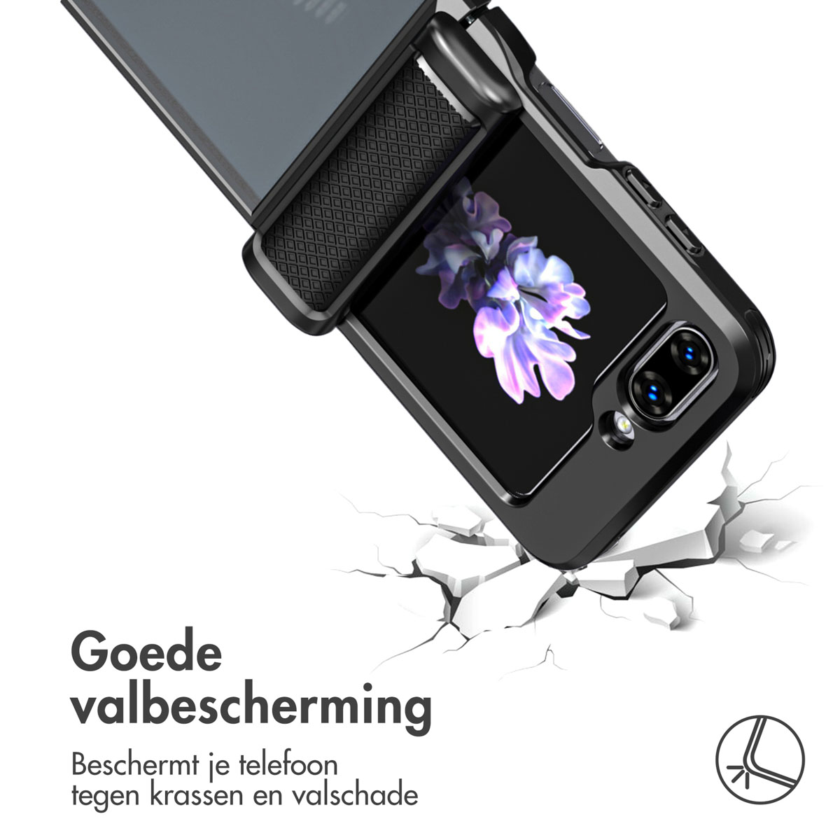 Ein Telefon in einer schwarzen Hülle bricht eine Oberfläche. Das Bild zeigt, dass das Telefon vor Beschädigungen geschützt ist.