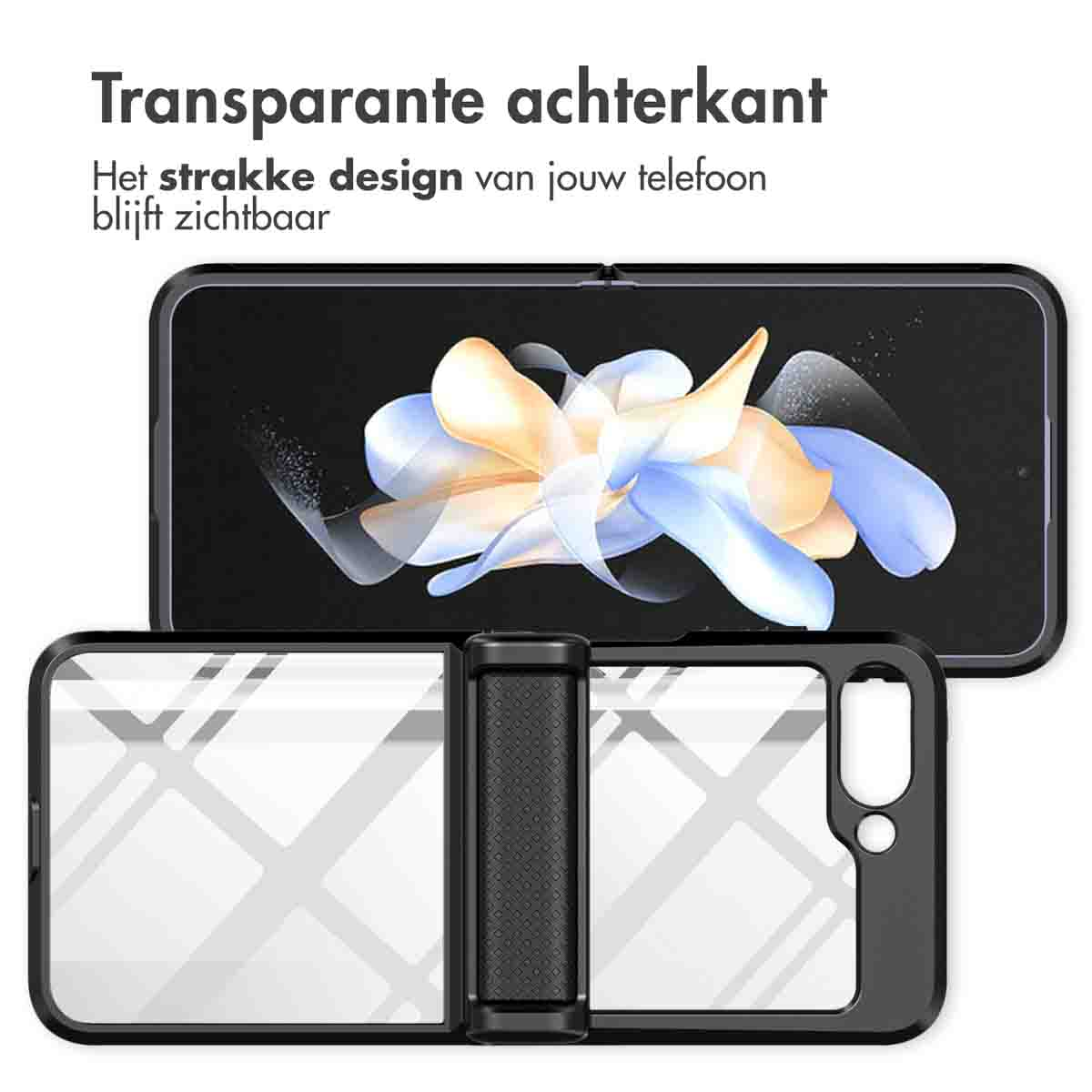 Telefon in einer Hülle, mit transparentem Rücken und schwarzem faltbaren Telefon.