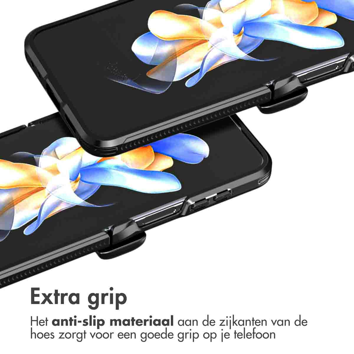 Zwei schwarze Handyhüllen. Der Text "Extra Grip" ist in Weiß geschrieben. Der Text ist auf Niederländisch.