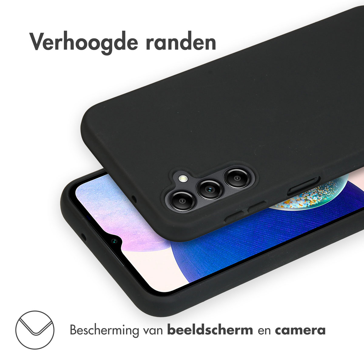 Zwarte telefoonhoes op witte ondergrond. Nederlandse tekst. De hoes bedekt scherm en camera.