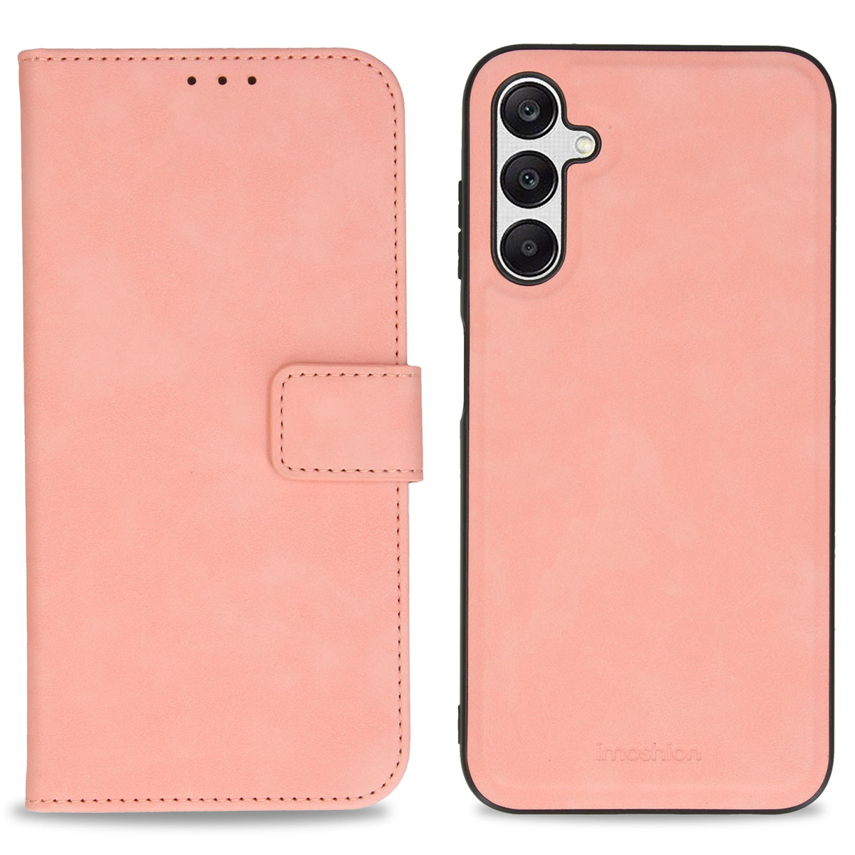 Een roze telefoonhoes in boekstijl met drie camera's en sluiting.