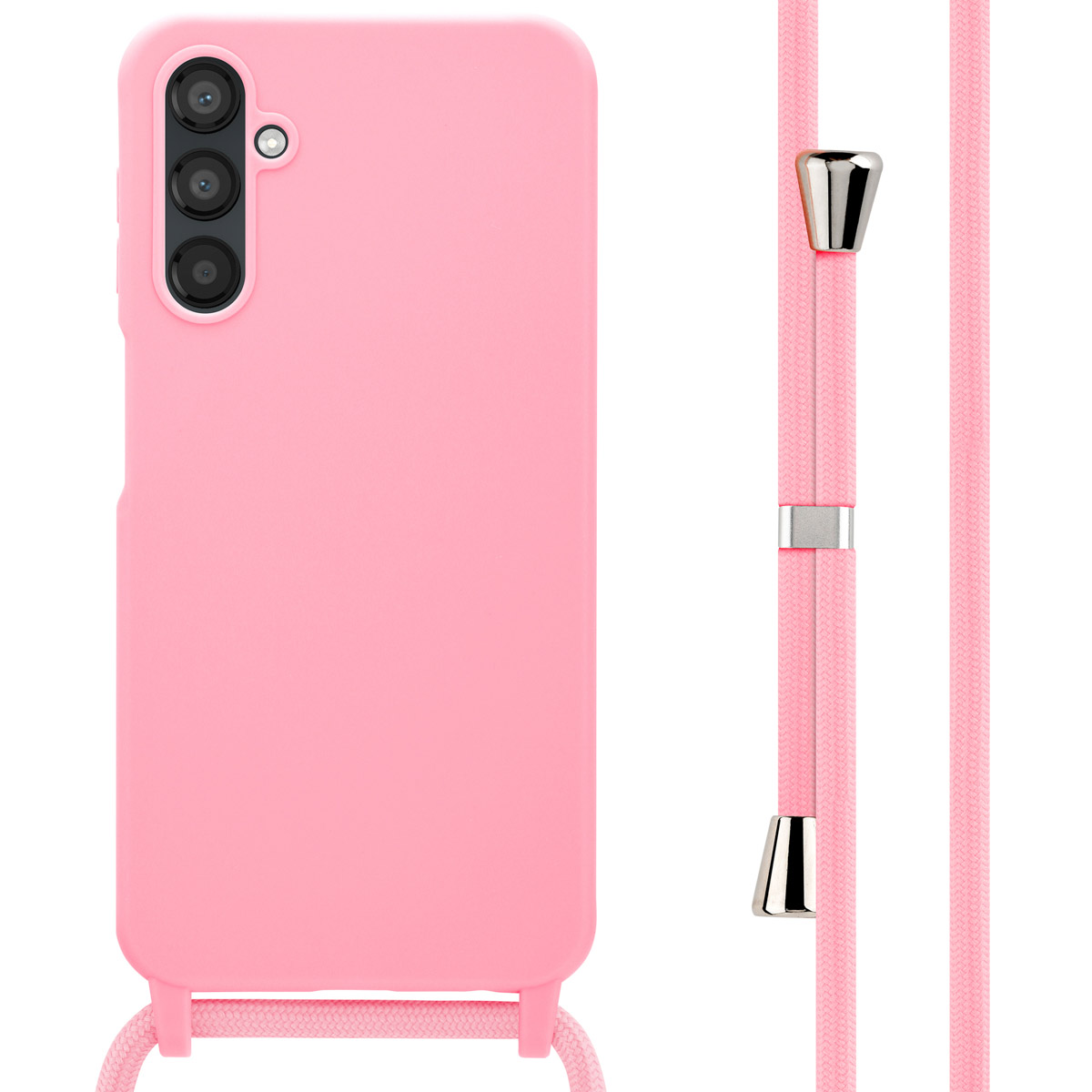 Téléphone rose avec une sangle rose assortie.