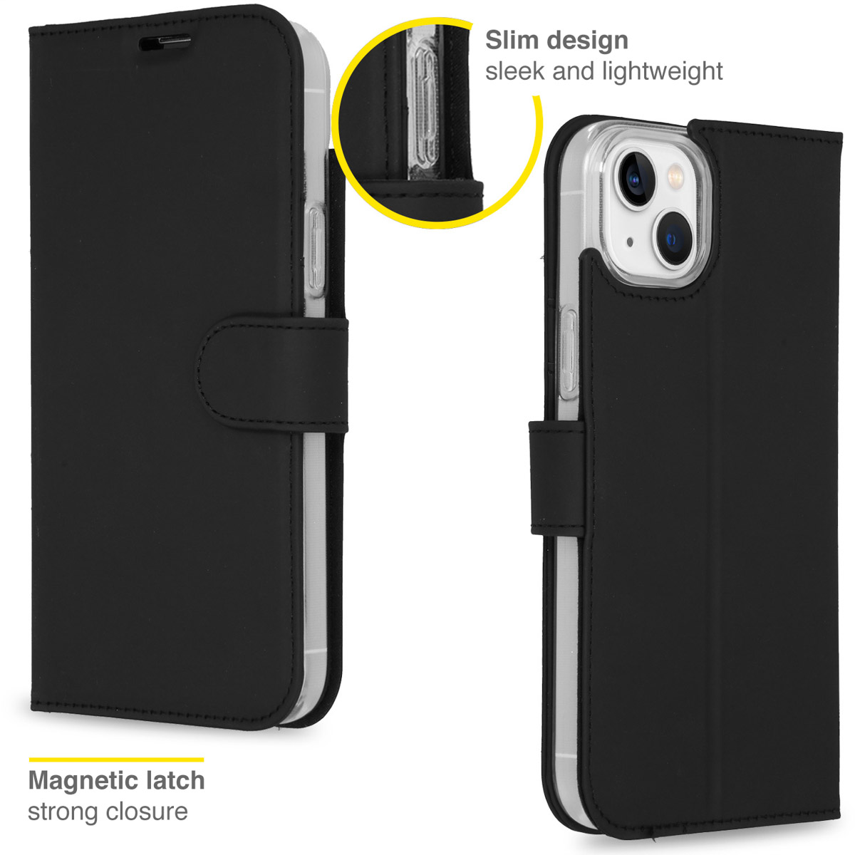 Zwarte telefoonhoes met magnetische sluiting en een doorzichtige telefoon in de hoes.