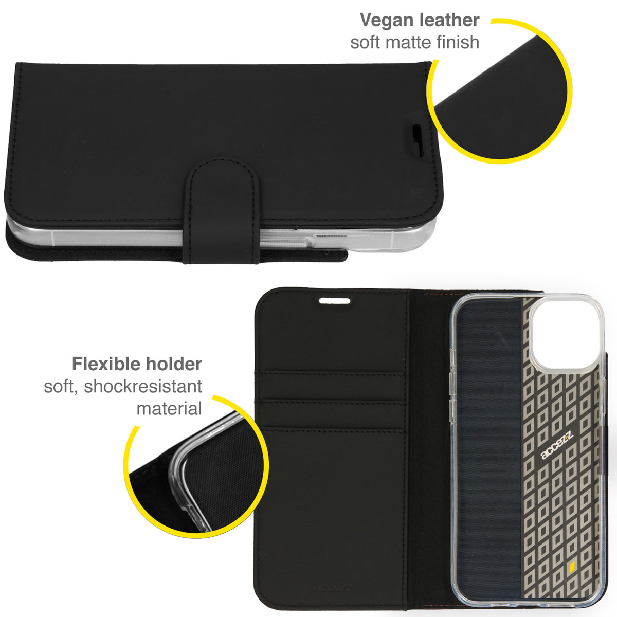 Zwarte telefoonhoes, veganistisch leer, zachte matte afwerking. Open, telefoon tonen. Flexibele houder, schokbestendig materiaal, met een ruitpatroon.