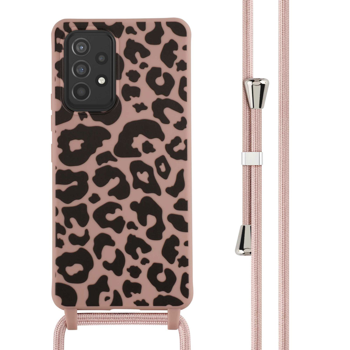 Coque de téléphone rose avec imprimé léopard et une sangle rose.