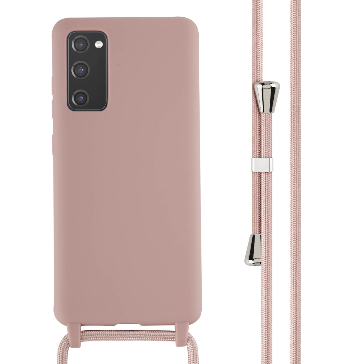 Coque de téléphone rose avec un téléphone et une lanière. La coque a une ouverture pour la lanière.