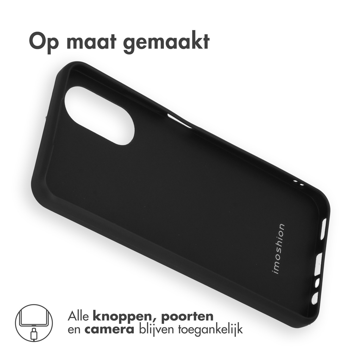 Coque de téléphone noire. Texte : Fabriqué sur mesure. Tous les boutons, ports et l'appareil photo restent accessibles.