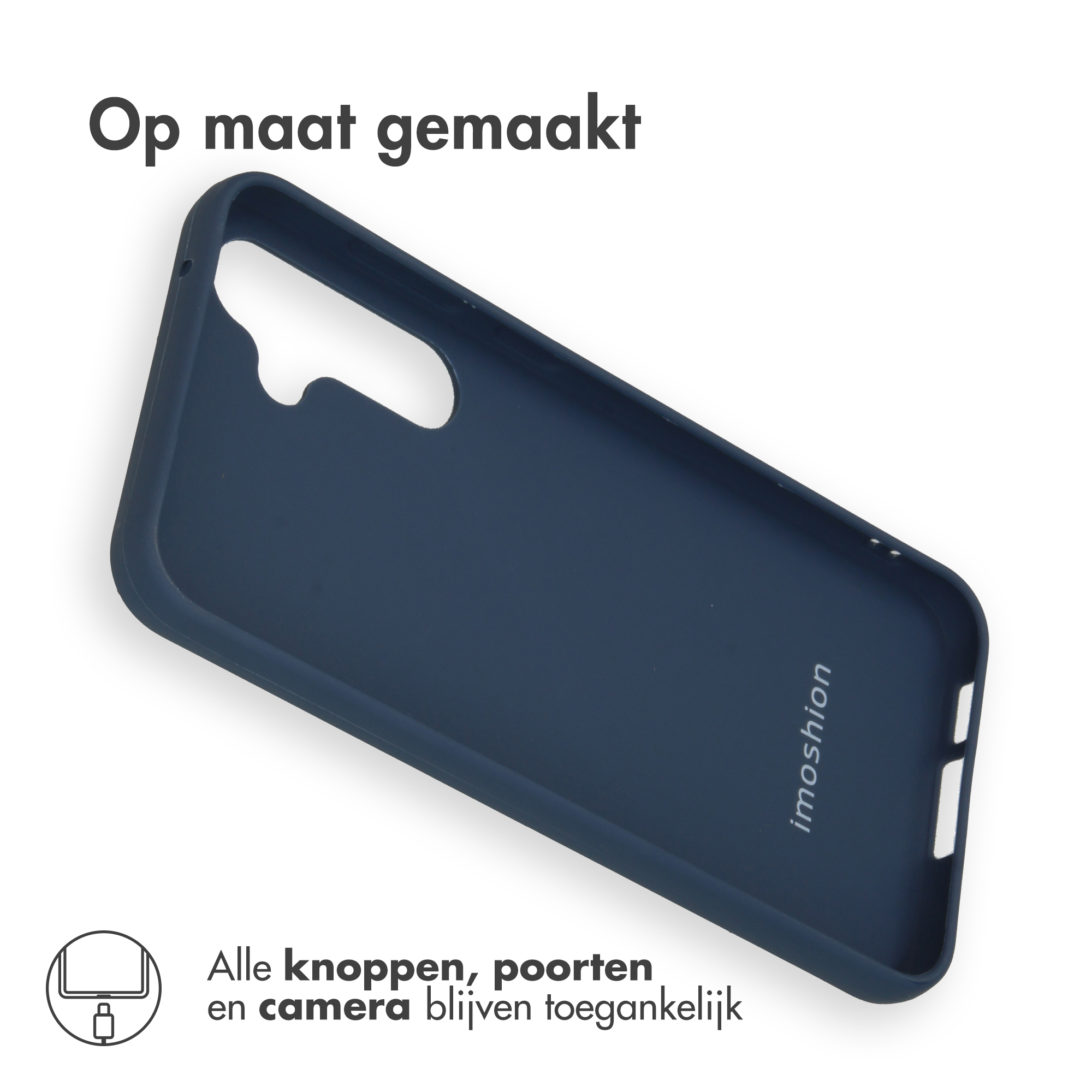 Donkerblauwe telefoonhoes met "imoshion" logo. Alle poorten toegankelijk.