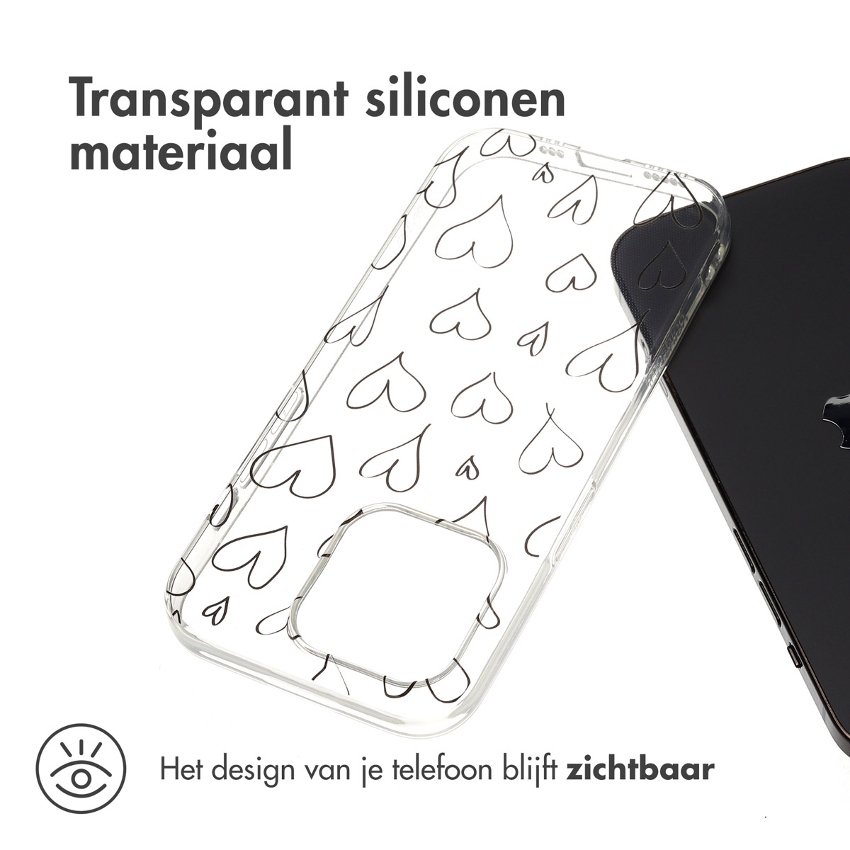 Transparante telefoonhoes met hartjespatroon naast zwarte telefoon.